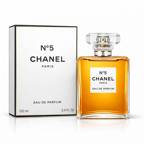 Productfoto van Chanel N°5 Eau de Parfum (100 ml). De iconische rechthoekige flacon met amberkleurige vloeistof en kristalheldere dop staat rechts naast de witte verpakking met zwarte omlijning.