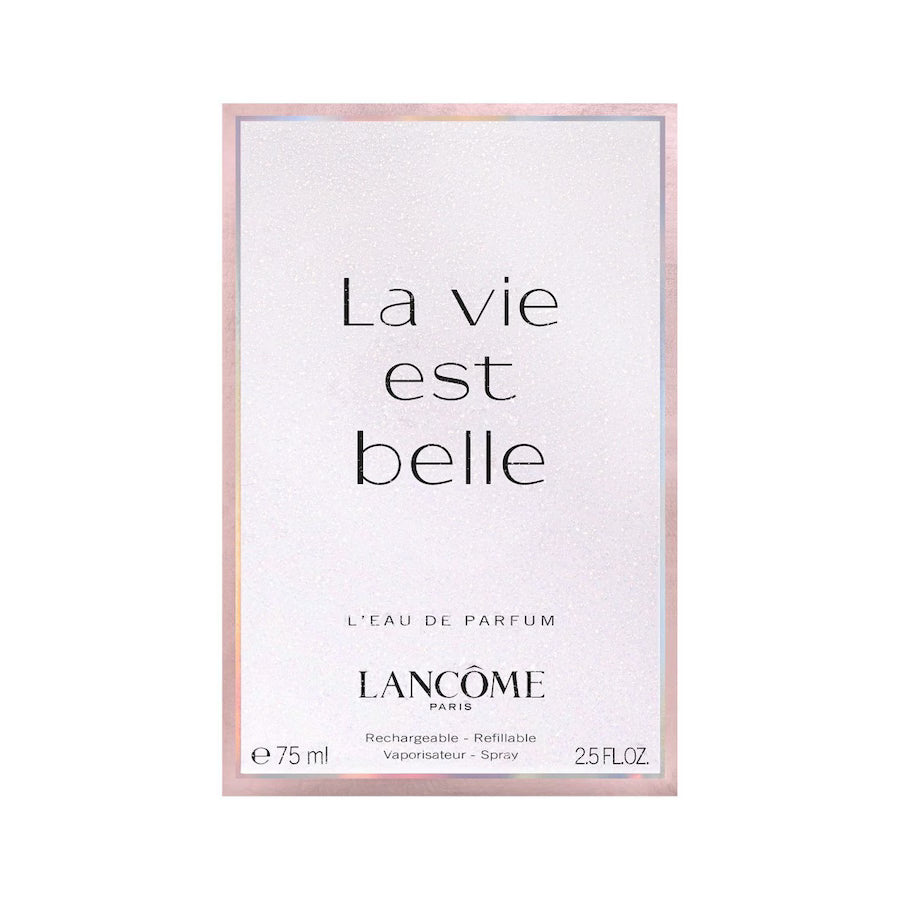 Vooraanzicht van de verpakking van Lancôme La Vie Est Belle Eau de Parfum (75 ml). De witte doos heeft een sprankelende omlijsting en vermeldt duidelijk 'Rechargeable - Refillable' aan de onderzijde.