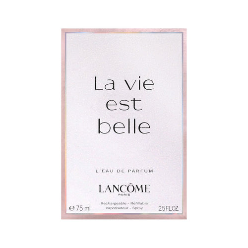 Vooraanzicht van de verpakking van Lancôme La Vie Est Belle Eau de Parfum (75 ml). De witte doos heeft een sprankelende omlijsting en vermeldt duidelijk 'Rechargeable - Refillable' aan de onderzijde.