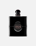 Vrijstaande flacon van Yves Saint Laurent Black Opium Le Parfum. De glanzend zwarte fles heeft een rond, glinsterend venster in het midden met de productnaam in roségoud en een bijpassende zwarte dop.