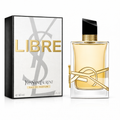 Productfoto van Yves Saint Laurent Libre Eau de Parfum (90 ml). De luxe flacon met het gouden YSL-logo dat horizontaal om het glas vouwt, staat rechts naast de witte verpakking met grote gouden 'LIBRE' letters.