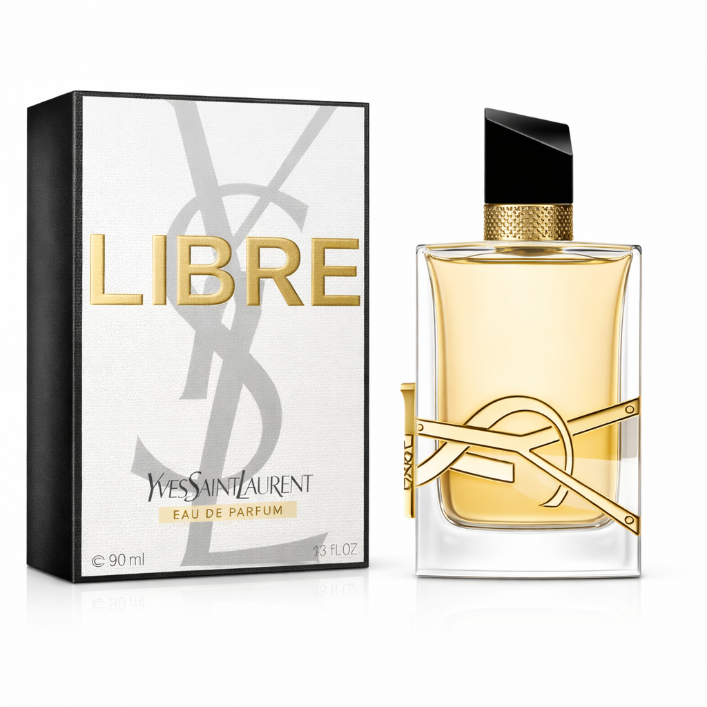 Productfoto van Yves Saint Laurent Libre Eau de Parfum (90 ml). De luxe flacon met het gouden YSL-logo dat horizontaal om het glas vouwt, staat rechts naast de witte verpakking met grote gouden 'LIBRE' letters.