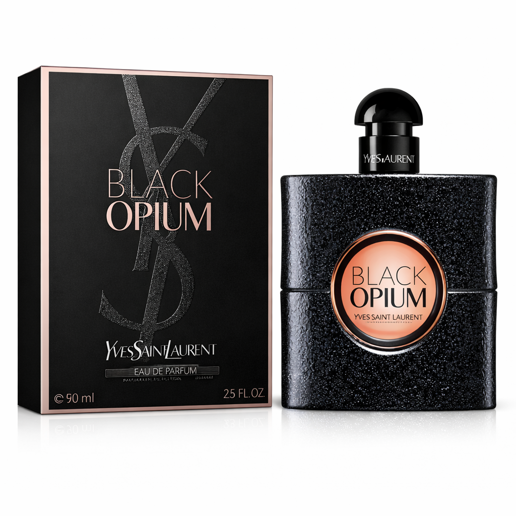 Productfoto van Yves Saint Laurent Black Opium Eau de Parfum (90 ml). De iconische flacon met zwarte glitters en een roze-achtig rond venster staat rechts naast de zwarte verpakking met bijpassend reliëf-logo.